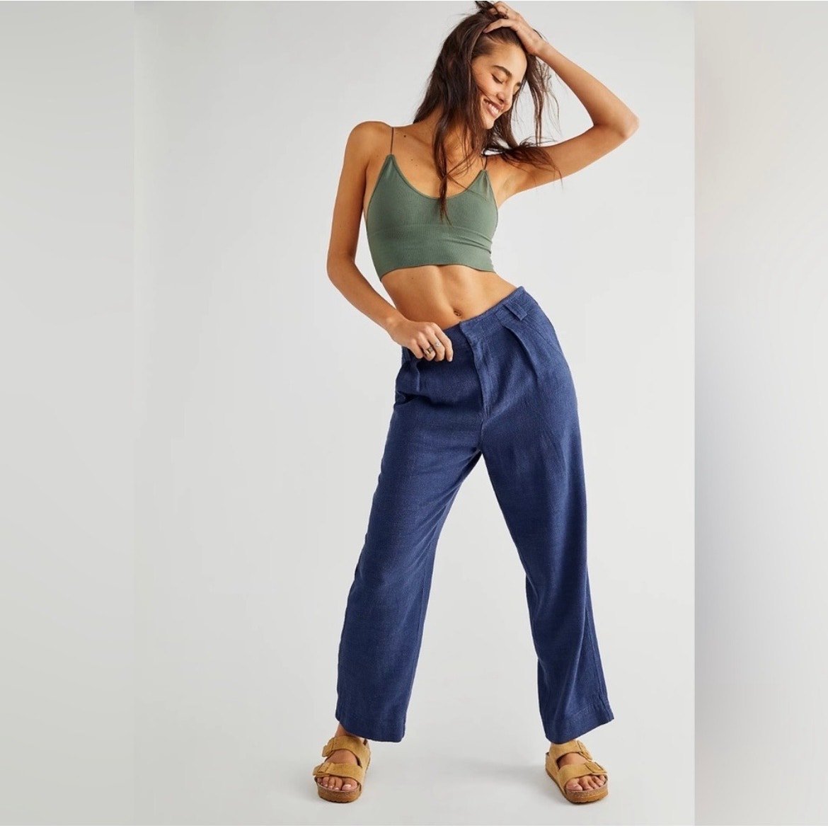 Free People Clean Linen Navy Blue High Rise Straight Leg Trouser Pants Size 8